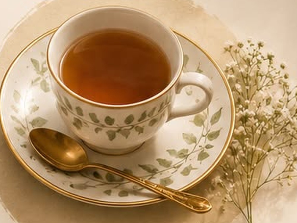 A cup of tea on a floral saucer with a gold spoon
